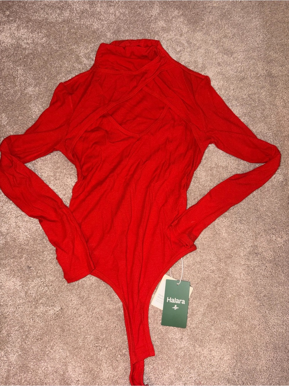 HALARA Red Long-Sleeve Mock Neck Ribbed Bodysuit